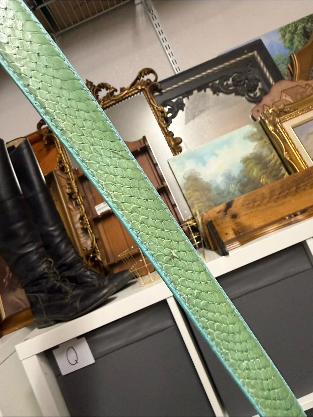 The Ritz Vintage Genuine Snakeskin Green Leather Belt with Turquoise Lining Lg